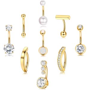 9-Piece Stainless Steel Classic Belly Button Ring Set - Silver Geometric Body Piercing Jewelry