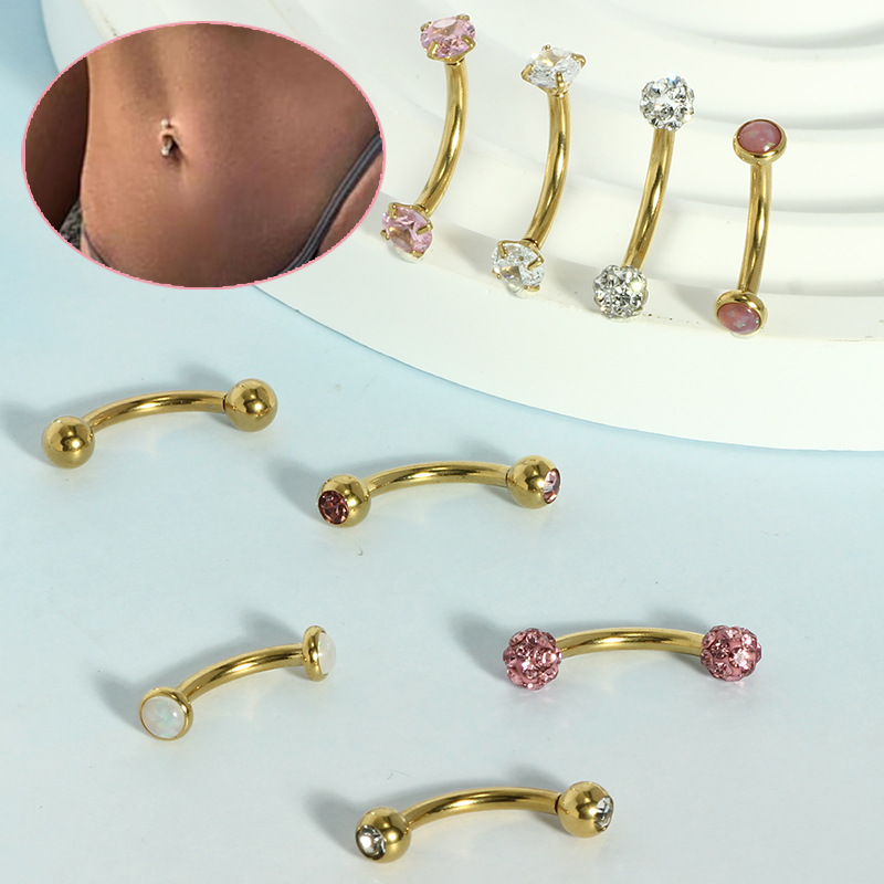Stainless Steel Curved Barbell Navel Ring 14G Internally Threaded Double-Ended Round Zircon Opal Belly Button Piercing Jewelry - Image 4