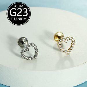 1.2mm Thick F136 Titanium Lip Stud with Fashionable Zircon Heart-Shaped Ear Bone Stud, G23 Titanium Body Piercing Jewelry