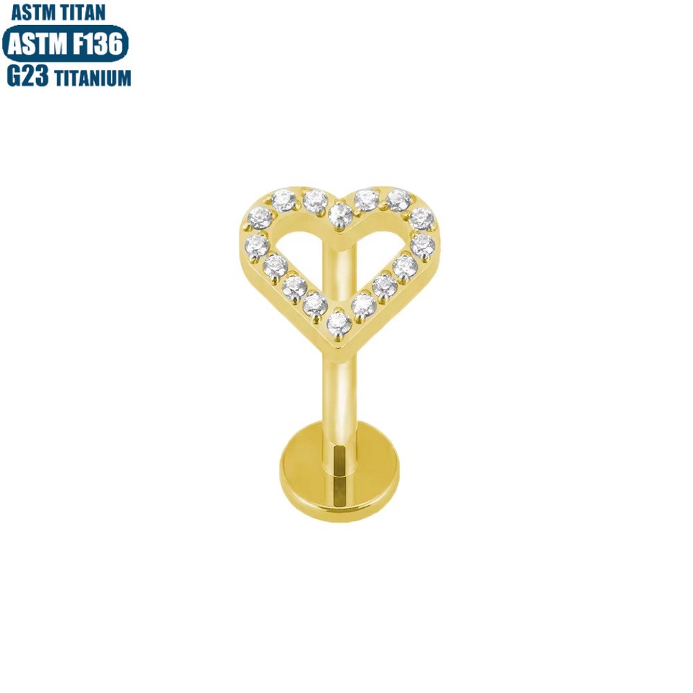 Gold F136 Titanium Alloy Spiral Heart Earrings with CZ Inner Thread Lip Ring Stud - Image 2