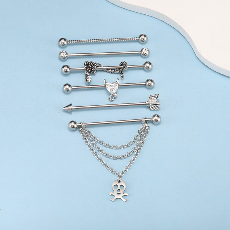 Industrial Ear Studs Set Six-Piece Stainless Steel Ghost Head Heart Snake Piercing Jewelry - Image 3