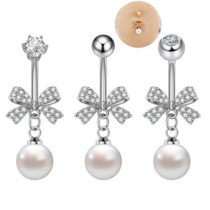 Simple Full Zircon Bow Pearl Belly Button Ring - Gold Ball, Copper Base, Summer 2025
