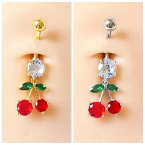 High-End Copper Inlaid Cherry Belly Button Ring Dangle Navel Nail Body Piercing Jewelry Gold