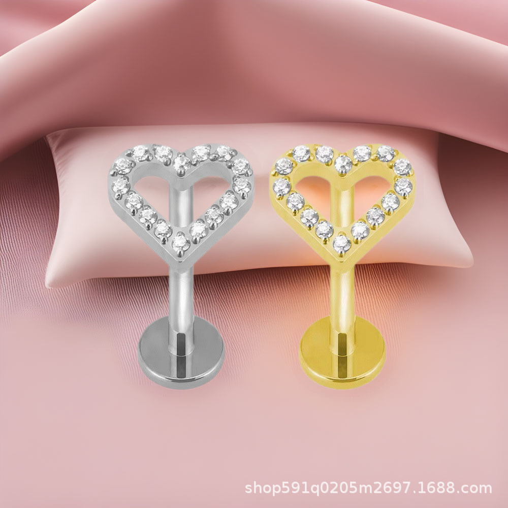 Gold F136 Titanium Alloy Spiral Heart Earrings with CZ Inner Thread Lip Ring Stud - Image 4
