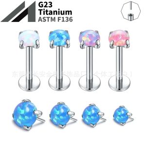 F136 Titanium Opal Pin-Type Claw-Set Labret Stud Lip Nose Ear Piercing Jewelry