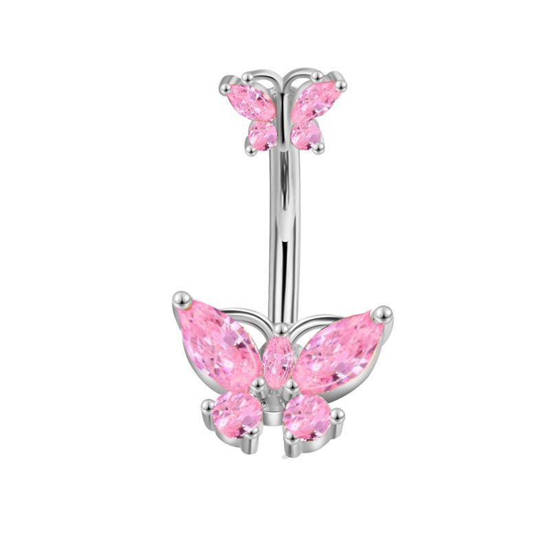 Stainless Steel Heart Zircon Butterfly Navel Ring - Pink Series Belly Button Piercing Jewelry - Image 2