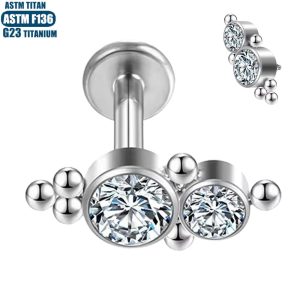 G23 Titanium Zircon Bead Cluster Lip Ring Stud Earring Body Piercing Jewelry Silver 1.2*10mm
