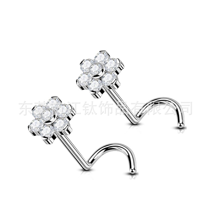G23 Titanium Nose Stud S-Curved Flower Inlaid 5A Zircon Nose Ring ASTM F136 Piercing Jewelry - Image 5