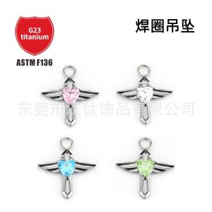 Titanium Welding Ring Pendant Heart Shaped Zircon Angel Wings G23 Titanium Alloy Body Piercing Jewelry Earrings