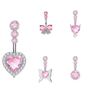 Butterfly Zircon Heart Pendant Navel Ring Stainless Steel Belly Button Piercing Jewelry for Women