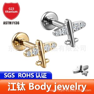 G23 Titanium Small Airplane Zircon Earrings - Cartilage Stud Cochlear Piercing Jewelry