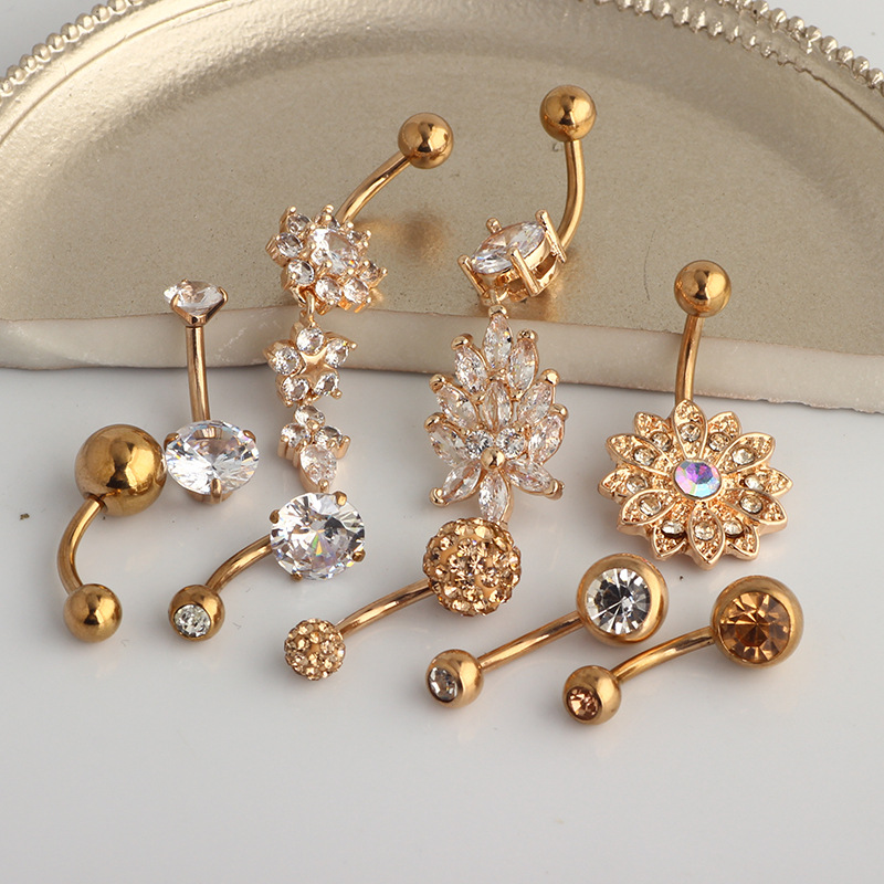 Rose Gold Flower Diamond Navel Ring Stainless Steel Dangle Belly Button Piercing 9-Piece Set - Image 5