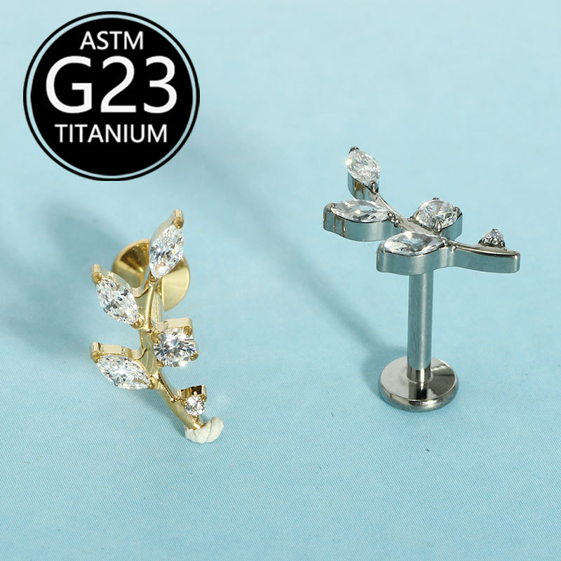 G23 Titanium Leaf-Shaped Zirconia Piercing Jewelry Set for Lip Nose Ear Cartilage - Image 3