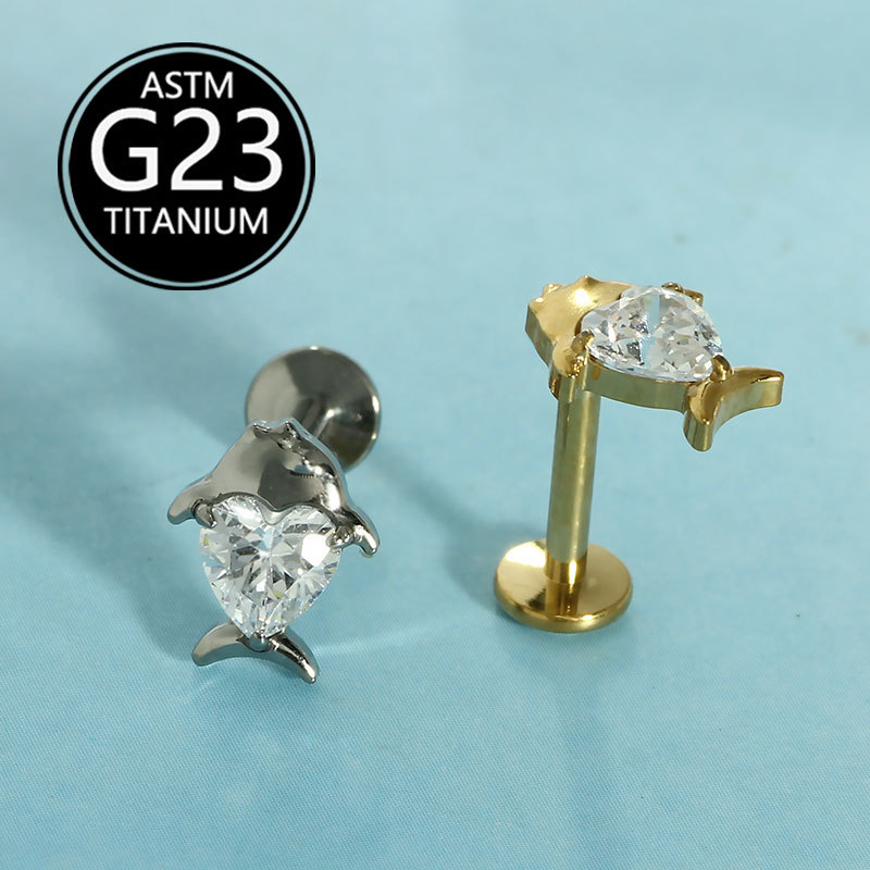 F136 Heart-Shaped Fish Lip Piercing with Zircon Inlay, Dolphin G23 Titanium Body Piercing, Ear Cartilage Stud, Sold Individually - Image 4