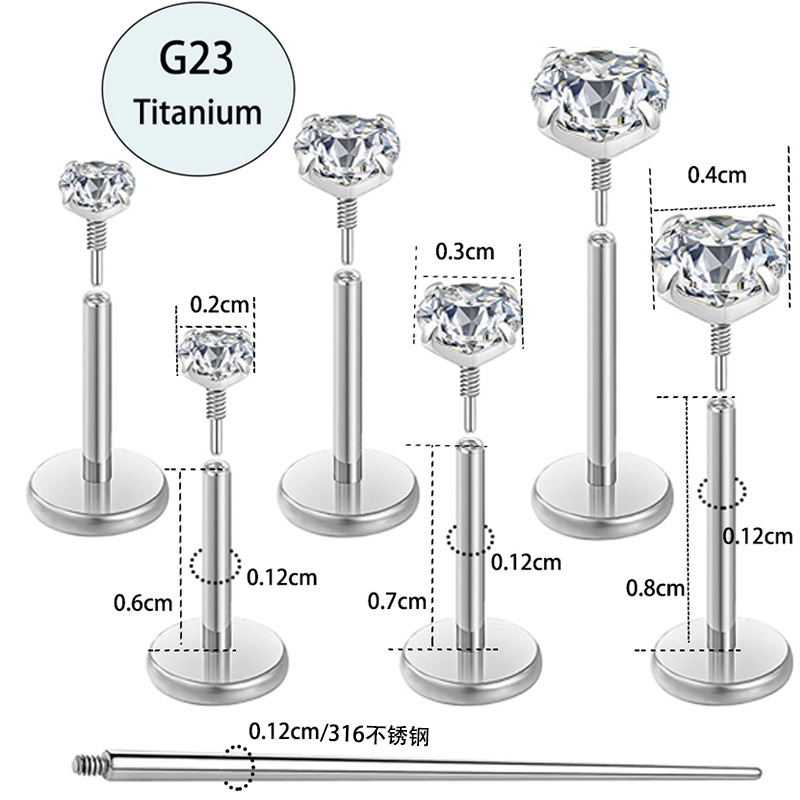 G23 Titanium Lip Piercing Jewelry Internal Thread Labret Stud with Zircon Flat Bottom Wholesale - Image 2