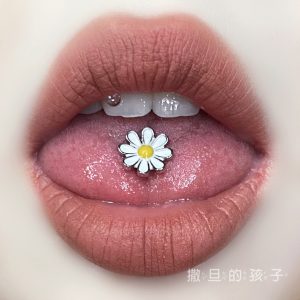 Titanium Steel Tongue Ring Flower Nail Barbell - 12mm Pink Tongue Piercing Jewelry for Women