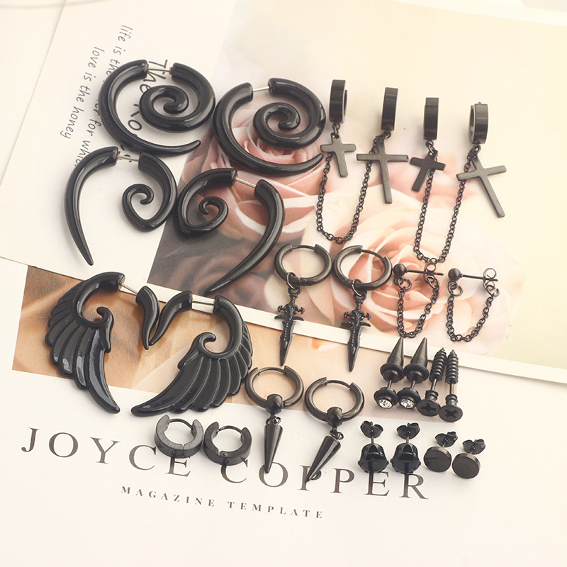 Black Cone Ear Studs Set for Men - Fashion Geometric Stainless Steel Earrings - Image 4