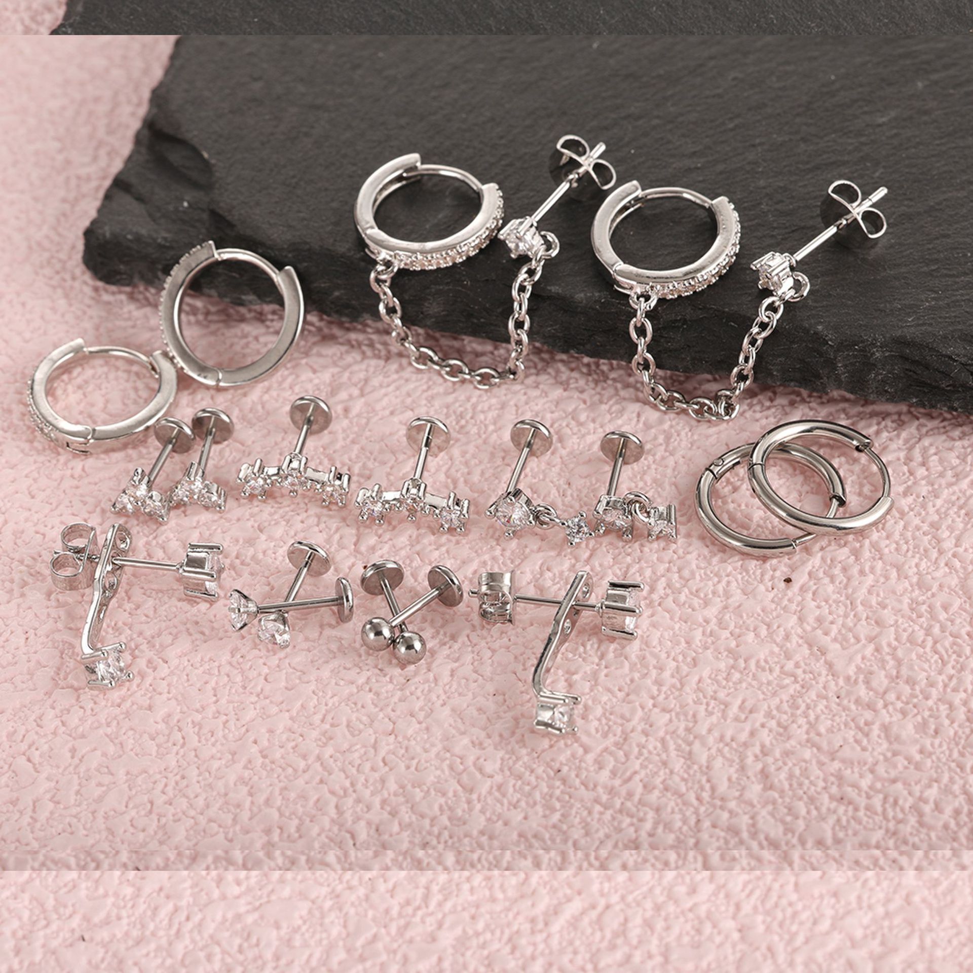 20 Piece Stainless Steel Lip Studs and Ear Cartilage Hoops Set, 20G Real Gold Plated Zircon Earrings - Image 2