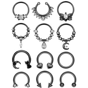 Amazon Hot Sale Nose Ring Set Stainless Steel Micro Inlaid Zircon Chrysanthemum Nose Ring Trend Puncture Nose Nail 12-Piece Set