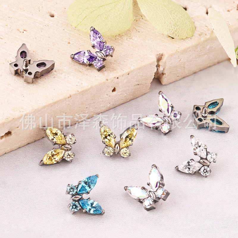 F136 Titanium Alloy Butterfly Lip Earrings with Zircon Internal Thread Body Piercing Ear Bone Studs - Image 2