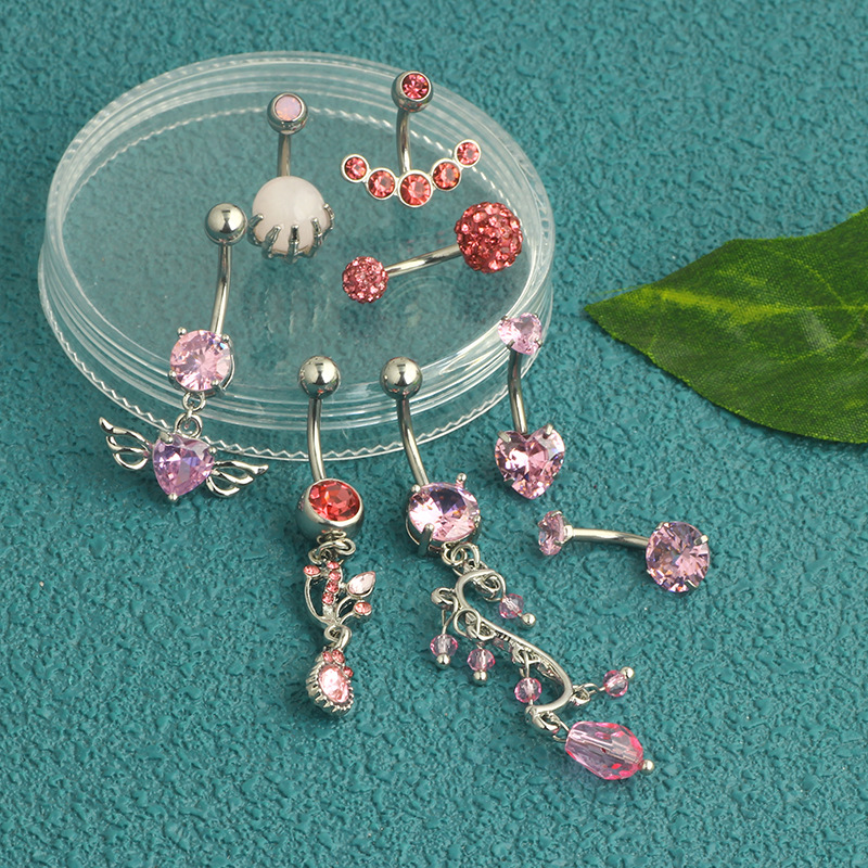 Amazon Popular 8 Piece Navel Love Wings Pink Series Navel Ring Earrings Piercing Products - Image 5