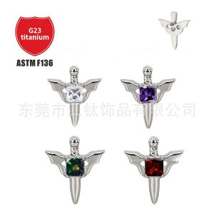 G23 Titanium Angel Sword Ear Bone Stud with Zircon Gem, Cross-Border Body Piercing Jewelry for Men and Women