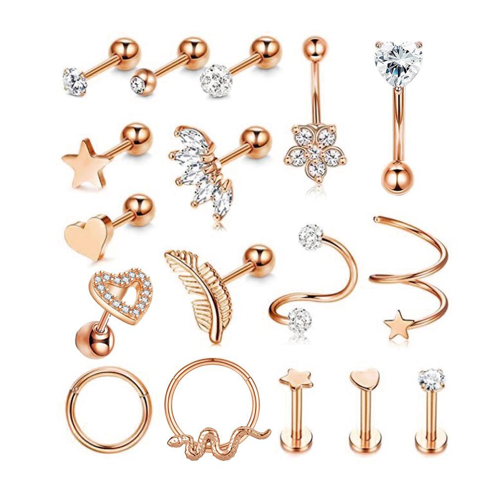 Zircon Star Cartilage Earrings Set - 17Pcs Rose Gold Stainless Steel Ear Piercing Jewelry - Image 3