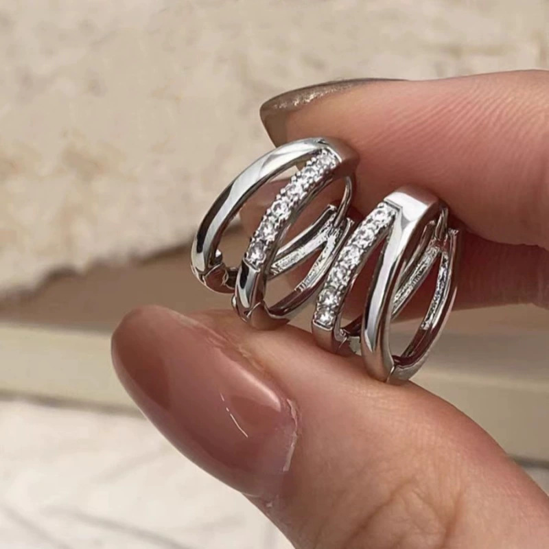 Copper Inlaid Zircon Geometric Double Hoop Earrings - Women's Fashion Hollow Retro Ear Cuffs - Image 2