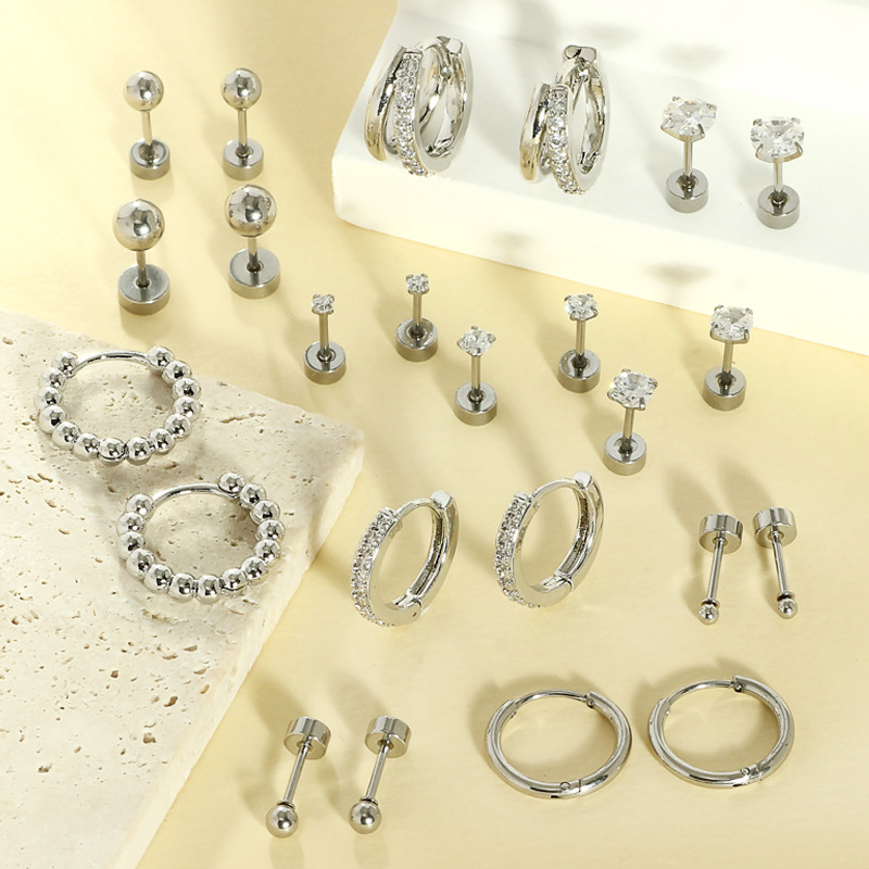 12-Pair Stainless Steel Earrings Set with CZ Diamond, Silver Ball Hoop Geometric Earrings for Women Men - Image 2