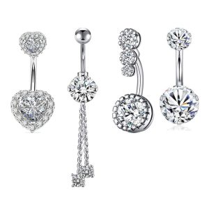 Love Stainless Steel Navel Ring Set - 4-Piece Belly Button Piercing Jewelry with CZ