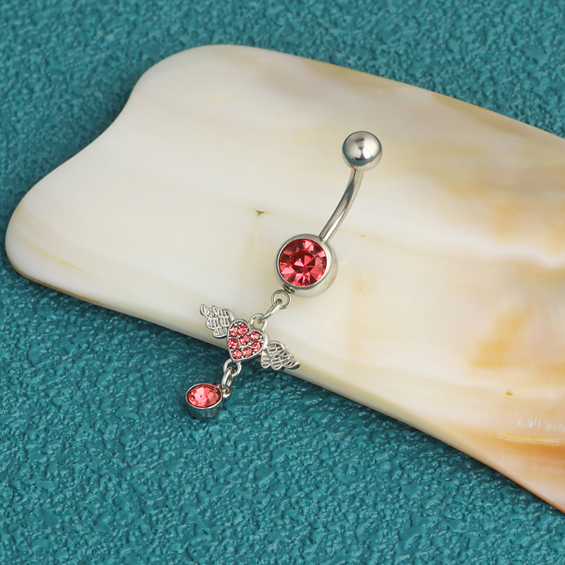 Stainless Steel Inlaid Zircon Angel Wing Navel Ring - Full Diamond Love Belly Button Ring Cross-Border Hot Pink - Image 4