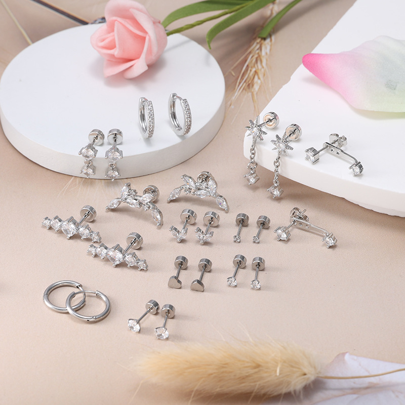 24-Piece Stainless Steel + Copper Zircon Stud Earrings Set, Trendy Ear Bone Studs for Women, Wholesale Earring Set - Image 3