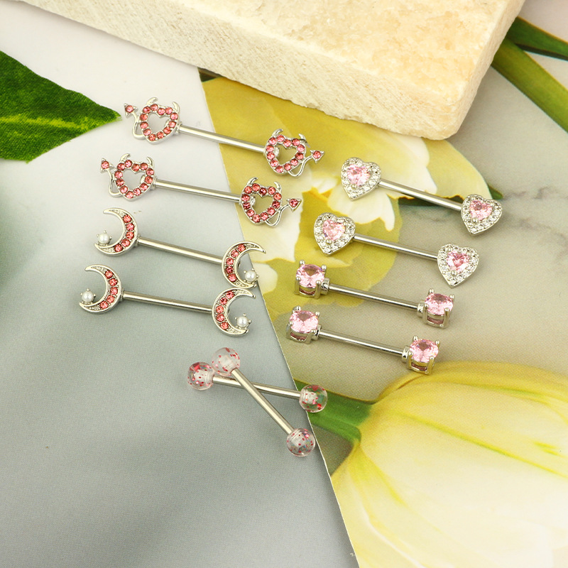 Pink Heart Chest Ring Stainless Steel Straight Barbell Nipple Ring Wholesale - Image 4