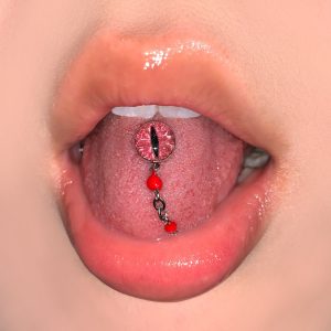 Retro Red Cat-Eye Chain Tongue Piercing - 316L Surgical Steel External Thread Barbell for Punk Style Unisex