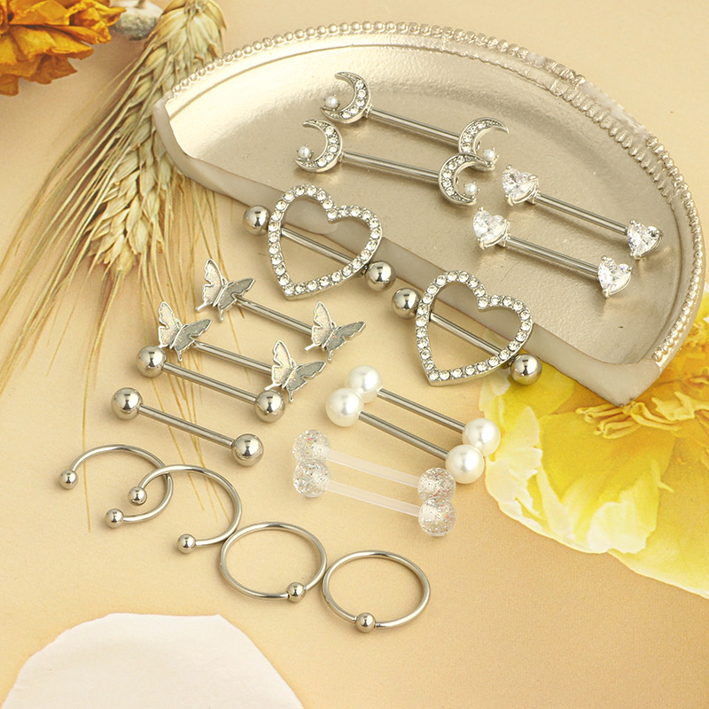 Stainless Steel Zircon Heart Breast Nipple Ring Set - 18K Gold Plated Body Piercing Jewelry for Women Men - Image 5