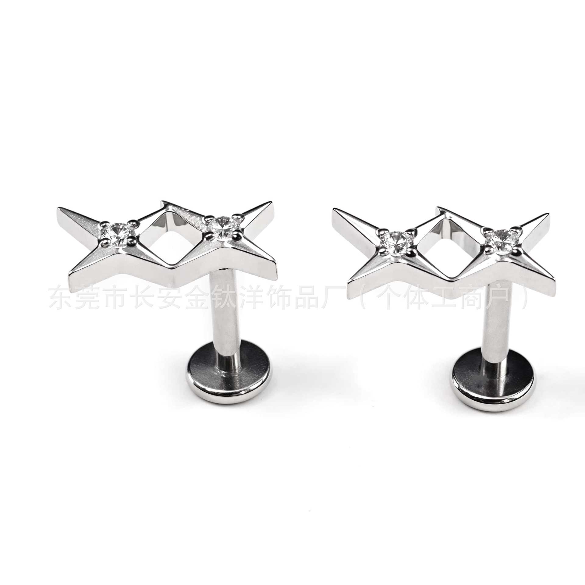 F136 Titanium Gemini Zircon Double Four Mangxing Earrings Nose Nail Ear Bone Nail G23 Titanium Alloy Human Puncture Jewelry - Image 2