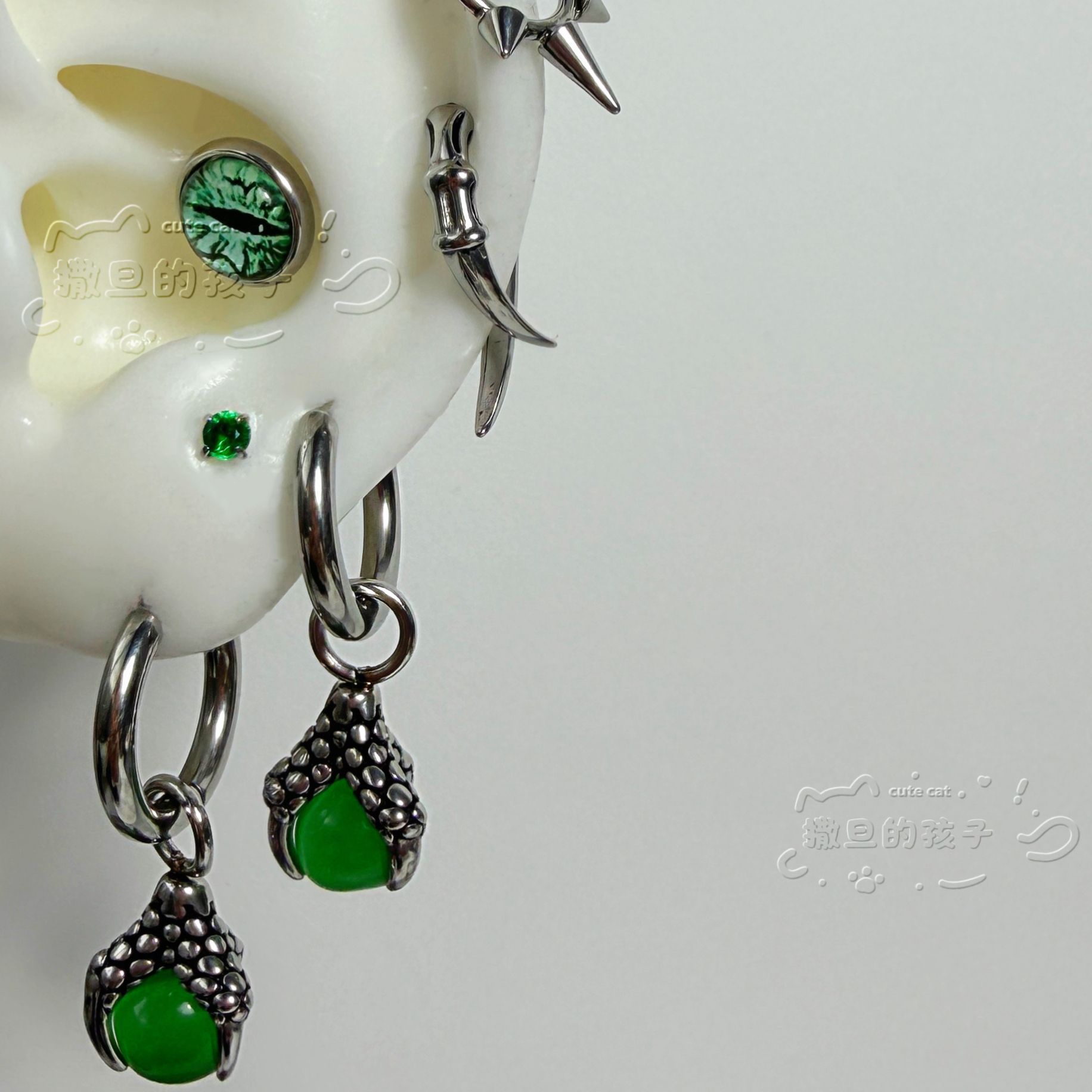 Ear Bone Studs, Titanium Steel Non-Fading Ear Studs, Earlobe Studs, Earrings, Snake Pupil Green Abyss Punk Ear Accessories for Men and Women - Image 3