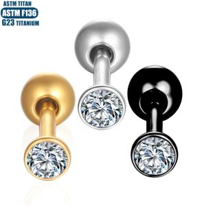 F136 Titanium Labret Lip Ring with CZ Stone - 0.8x8mm Black Zircon Ear Stud