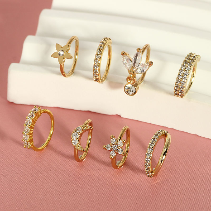 Stainless Steel Heart Nose Ring - CZ Geometric Open Nose Clip Piercing Jewelry Set of 8 - Image 2