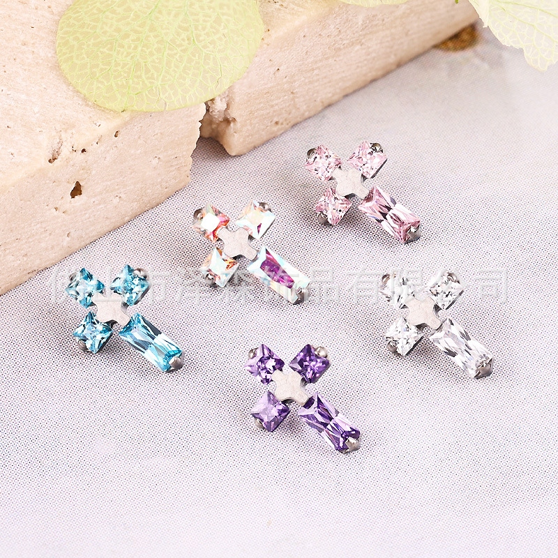 F136 Titanium Alloy Earrings Cross Diamond Lip Nail Inlaid Zircon Ear Bone Nail Body Piercing Jewelry - Image 3