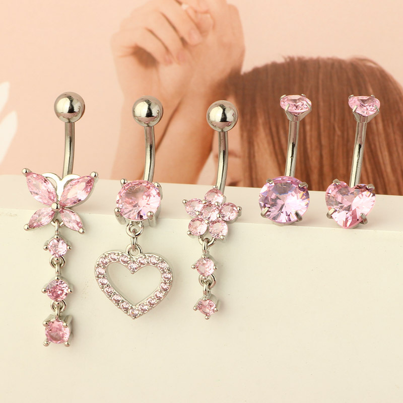 Heart-Shaped 5-Piece Belly Button Ring Set with CZ Stones - Silver 316L Surgical Steel Body Piercing Jewelry - Image 3
