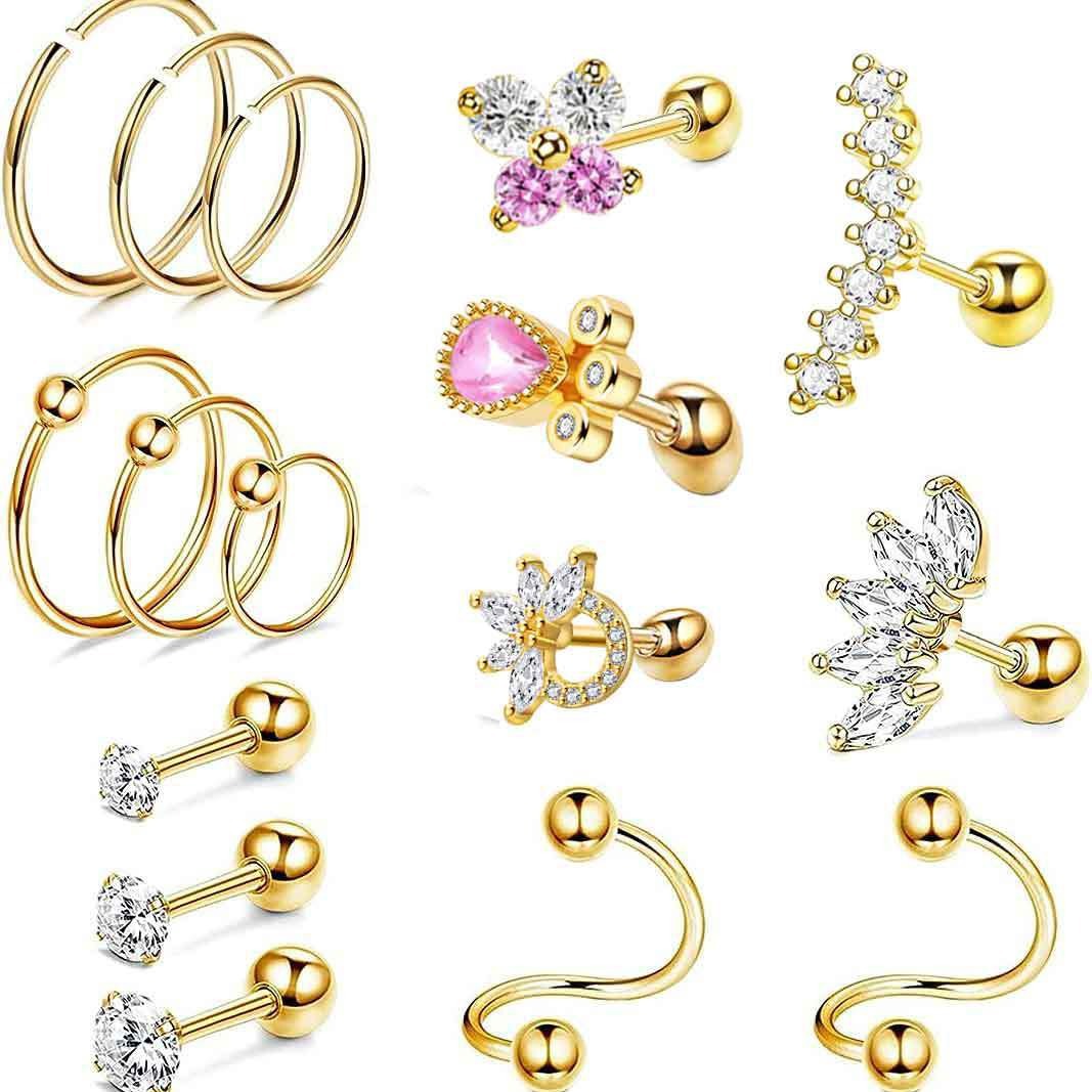 Pink Butterfly Crown Gold Stainless Steel Screw Stud Earring Set for Cartilage Piercing - Image 2
