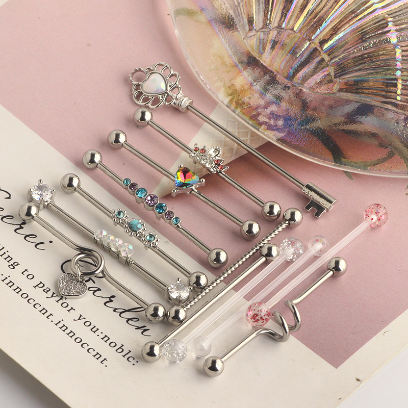 Heart Shaped Industrial Barbell Ear Studs Stainless Steel Cartilage Piercing Jewelry Set - Image 4