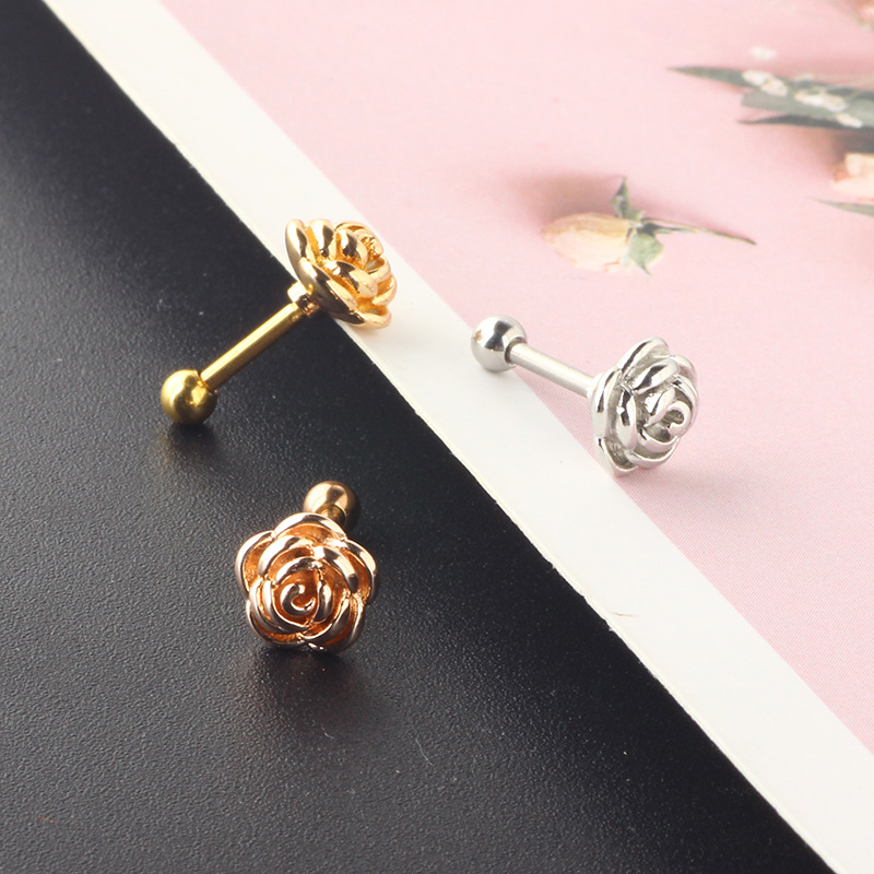 Gem Flower Ball Screw Ear Studs - European American Style Stainless Steel Cartilage Earring - Image 5