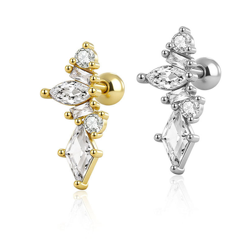 Moon and Plum Blossom Threaded Ear Bone Stud, Stainless Steel and Copper Zircon-Inlaid, Silver, New Arrival - Image 4