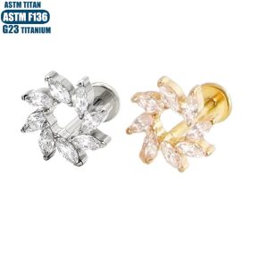 F136 Titanium Alloy Flower Lip Ring with CZ Stone Internally Threaded Lip Piercing Jewelry Gold