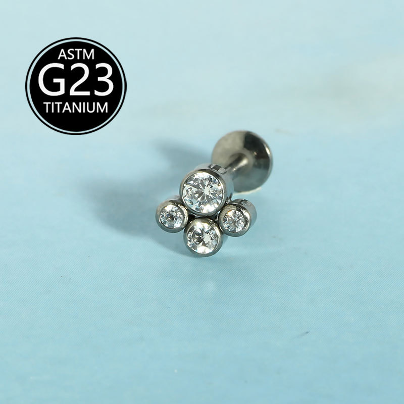 G23 Titanium Alloy F136 Internal Thread Lip Stud Micro Paved Zircon Welded Four Small Ball Titanium Earring - Image 4