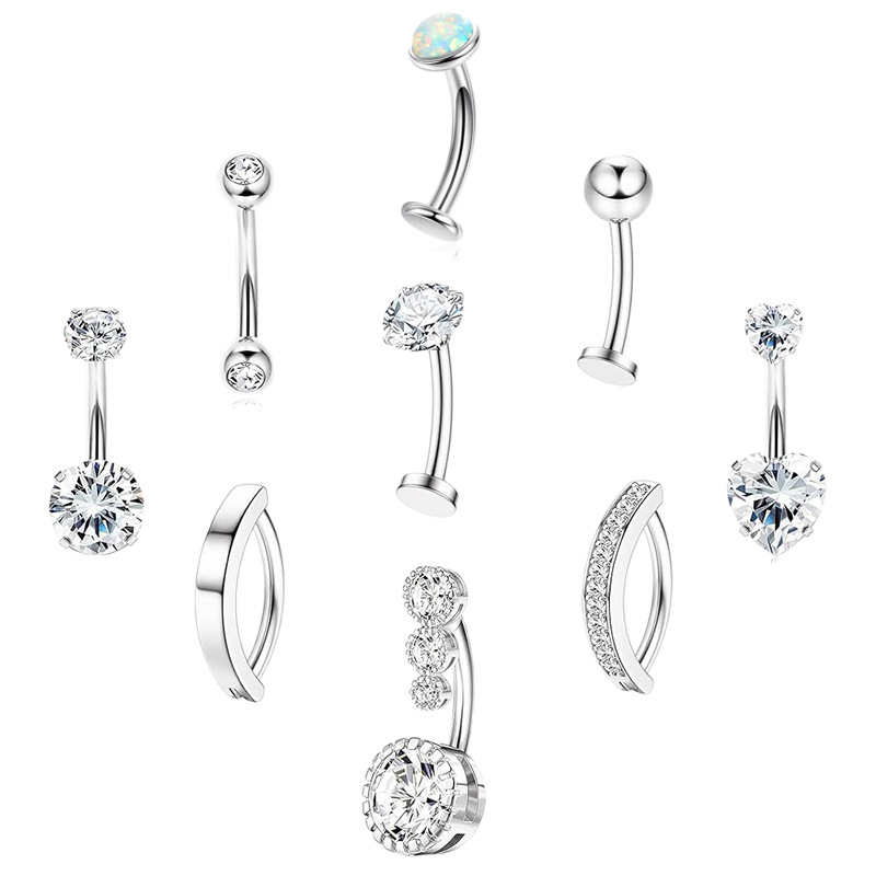 Spot New 9 Piece Set of Navel Rings Fashionable Zircon Encrusted Stainless Steel Belly Button Jewelry - Image 5