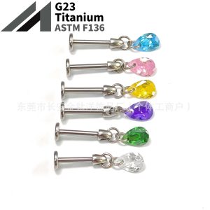 F136 Titanium Water Drop Pendant Ear Stud with Zircon - G23 Titanium Alloy Body Piercing Jewelry