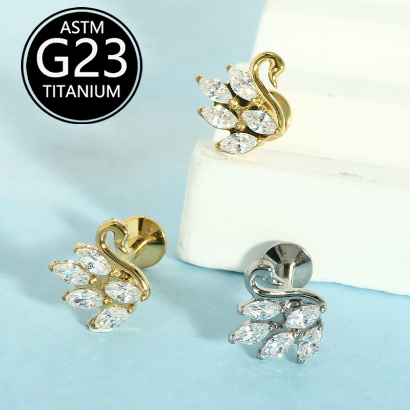 G23 Titanium Swan Internal Thread Lip Piercing with Zircon - Ear Bone & Canal Jewelry Wholesale - Image 3